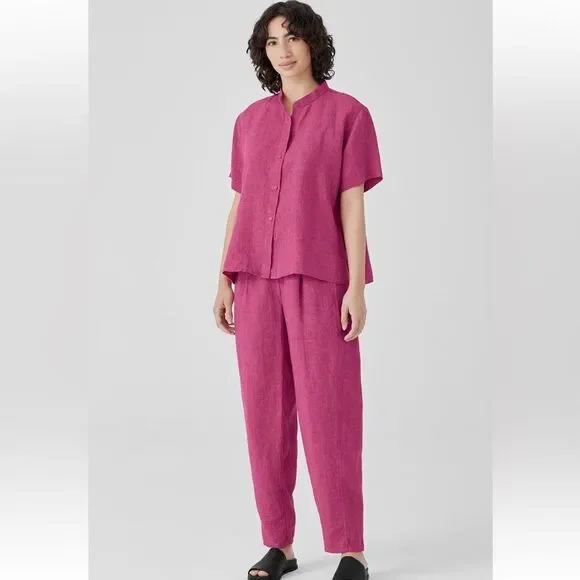 Eileen Fisher NWT Washed Organic Linen Délavé Band Collar Shirt in Geranium 3X